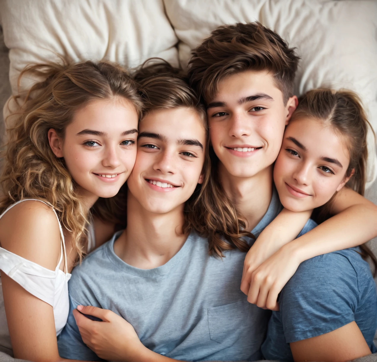 3 different cute teenagers cuddling together, male and female
