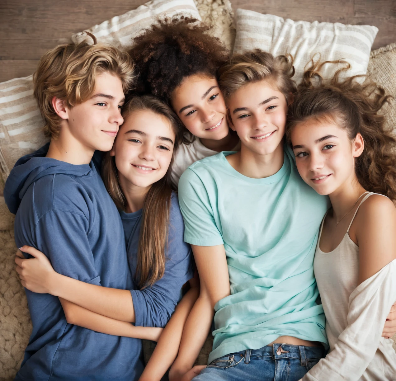 3 different cute teenagers cuddling together, male and female