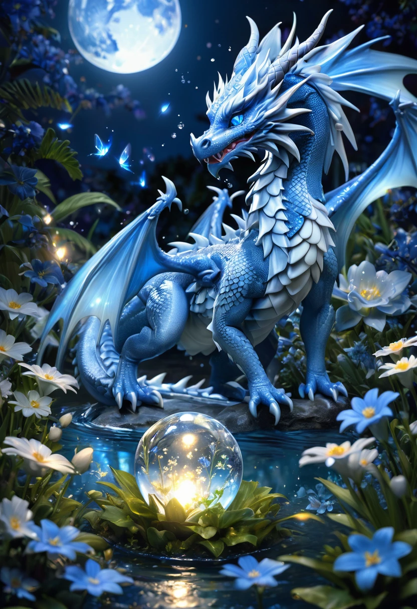 absurdres, highres, ultra detailed, HDR, master piece, light blue dragon, cute, best quality, blue moon, flowers, fantasy, magical, solo, water, blue shining fireflies, blue petals, cristal sphere, magic,