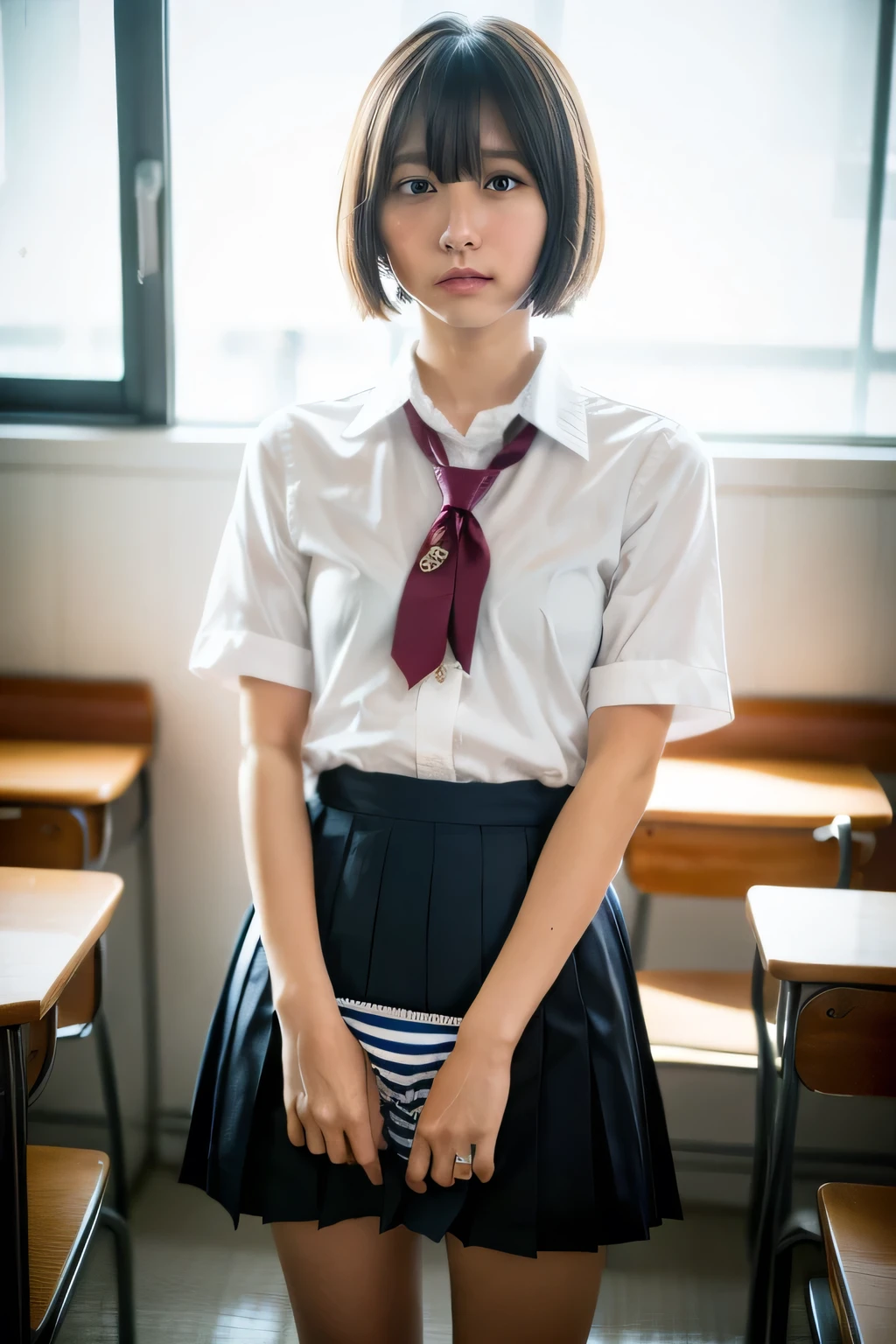 (absurdres:1.3),8K,(detailed photograph:1.5),(detailed face and skin:1.3),(ultra high res:1.5),(photorealistic:1.5),symmetric clear eyes,well-groomed face,(ray tracing:1.3) ,1girl, Japanese,high school girl, BREAK (wearing Japanese high ,white shirt,red school ribbon tie,navy pleats skirt:1.3), BREAK (presenting panties),(green panty:1.1),masterpiece, best quality, highly detailed,classroom, BREAK (Black short hime cut hair blunt bangs),focus panty,cinematic lighting,(blushing:1.3),(Stain on panties:1.4),