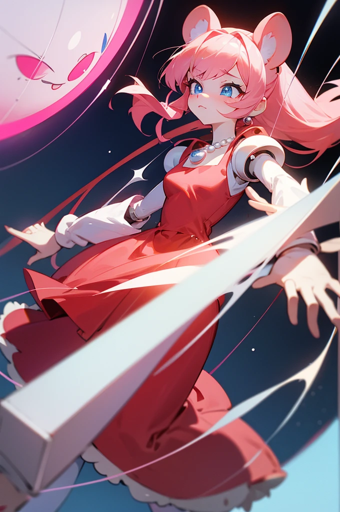 Cartoon robot girl in red dress and pink bow, Amy rose dress, beautiful mouse - girl, cartoonish style, hacking, in dress, female furry mini cute style, Cartoon Cute, The hand emits an electric current,Has an energy unit,Robot girl with long pale yellow hair and blue pupils,blue color eyes,Hung with a pearl necklace,pixal style,Melancholy silence。