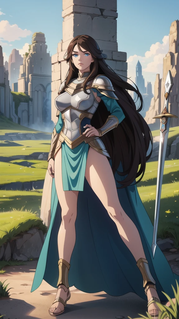 ((Full body photo, standing, feet on the ground)) Alison Tyler as a Valkyrie of Asgard, blue eyes, long brown hair, perfect body, Lady Knight, correct anatomy, holding a great magic sword, epic fantasy digital art, masterpiece, 8k, high definition resolution, detailed drawing, Superior Quality, Epic Composition, green eyes , flats for women
