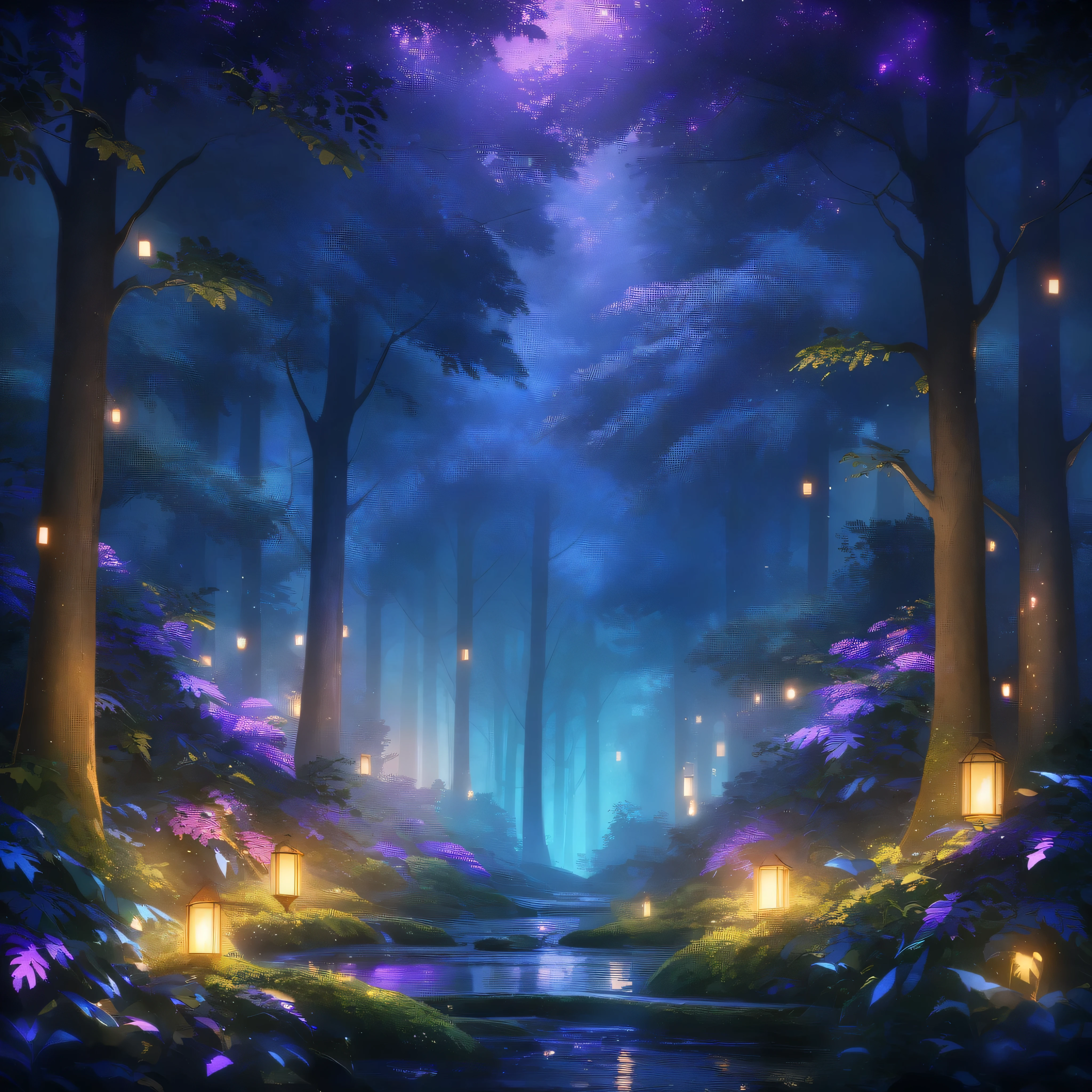 Tall Tree々and a painting of a forest with purple lights., Deep forest at night, mysterious dense forest, Mysterious Forest, foggy Night Forest, Blue Forest, an image of a moonlit forest, Night Forest, Night Forest, dense lush Night Forest, Cinematic forest lighting, Mysterious Forest, Magical forest background, Forest Night