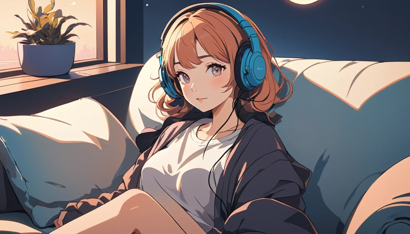 Sexy woman wearing headphones sitting comfortably on sofa, Wide-angle lens, Lofi Anime, Lofi illustration, Aesthetic atmosphere, Lo-Fi Style, Vector art, Flat Design, Simple shape, Warm tones, Pleasant atmosphere, Chill, In anime style, Digital drawing, Vector art, Vector logo for t-shirt printing, (Adorable:1.5), (small:1.4), (Playful:1.2), (soft:1.3), (Whimsical:1.1), masterpiece, Highest quality, 8K, Intricate details, grow, Celestial, Mysterious, Picturesque, amazing, Majestic, Magic, Fantasy art, Cover art, dream-like