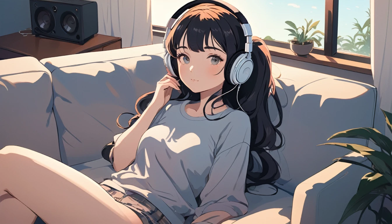 Sexy woman wearing headphones sitting comfortably on sofa, Wide-angle lens, Lofi Anime, Lofi illustration, Aesthetic atmosphere, Lo-Fi Style, Vector art, Flat Design, Simple shape, Warm tones, Pleasant atmosphere, Chill, In anime style, Digital drawing, Vector art, Vector logo for t-shirt printing, (Adorable:1.5), (small:1.4), (Playful:1.2), (soft:1.3), (Whimsical:1.1), masterpiece, Highest quality, 8K, Intricate details, grow, Celestial, Mysterious, Picturesque, amazing, Majestic, Magic, Fantasy art, Cover art, dream-like