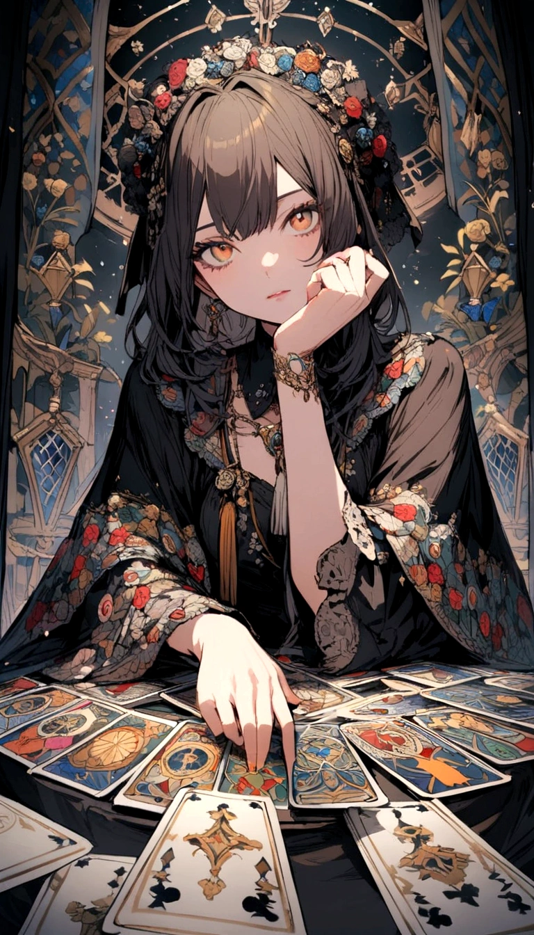 A woman sitting looking at the camera and tarot cards on the table