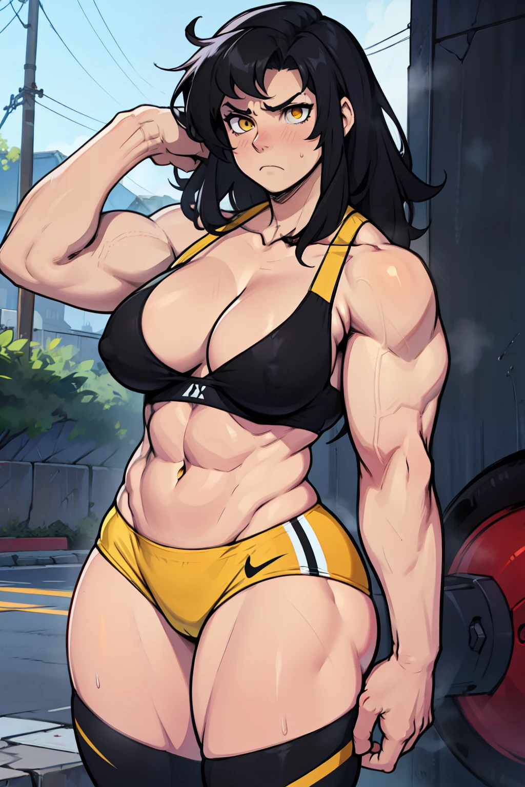 muscular girl large breasts thick thick thick thick thick black hair yellow eyes pale skin disappointed frown athletic female