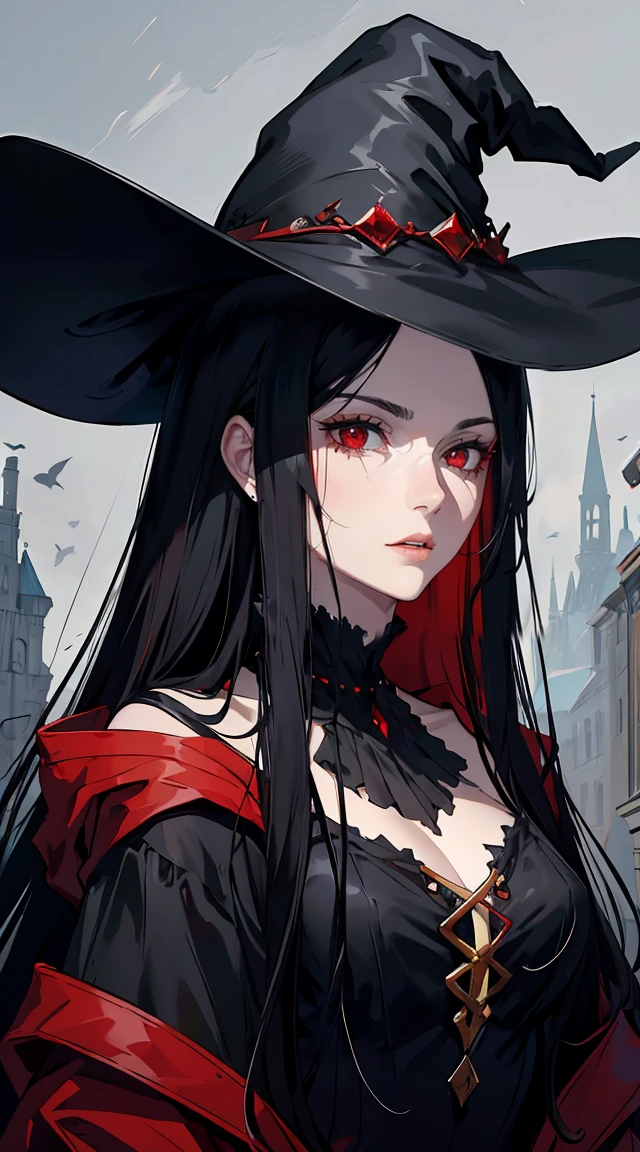 handsome woman,red-eyes,red pupils,Long black hair, grey skin, looks ill, Hyperresolution,accuracy,Detailed rendering,(Subtle facial image)(Image of fine hair)(topquality)(Masterpieces of masters)(High degree of completeness)(A sense of atmosphere)tmasterpiece,Super detailed and super detailed(half-body portrait), witch hat, ankle length black straight hair,