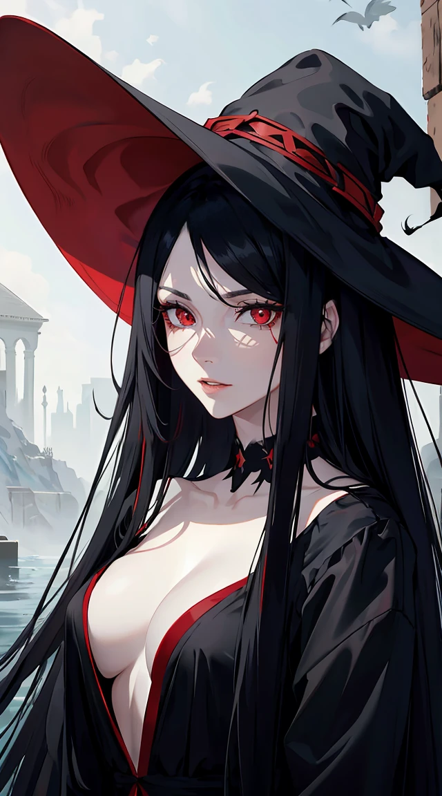 handsome woman,red-eyes,red pupils,Long black hair, grey skin, looks ill, Hyperresolution,accuracy,Detailed rendering,(Subtle facial image)(Image of fine hair)(topquality)(Masterpieces of masters)(High degree of completeness)(A sense of atmosphere)tmasterpiece,Super detailed and super detailed(half-body portrait), witch hat, ankle length black straight hair,