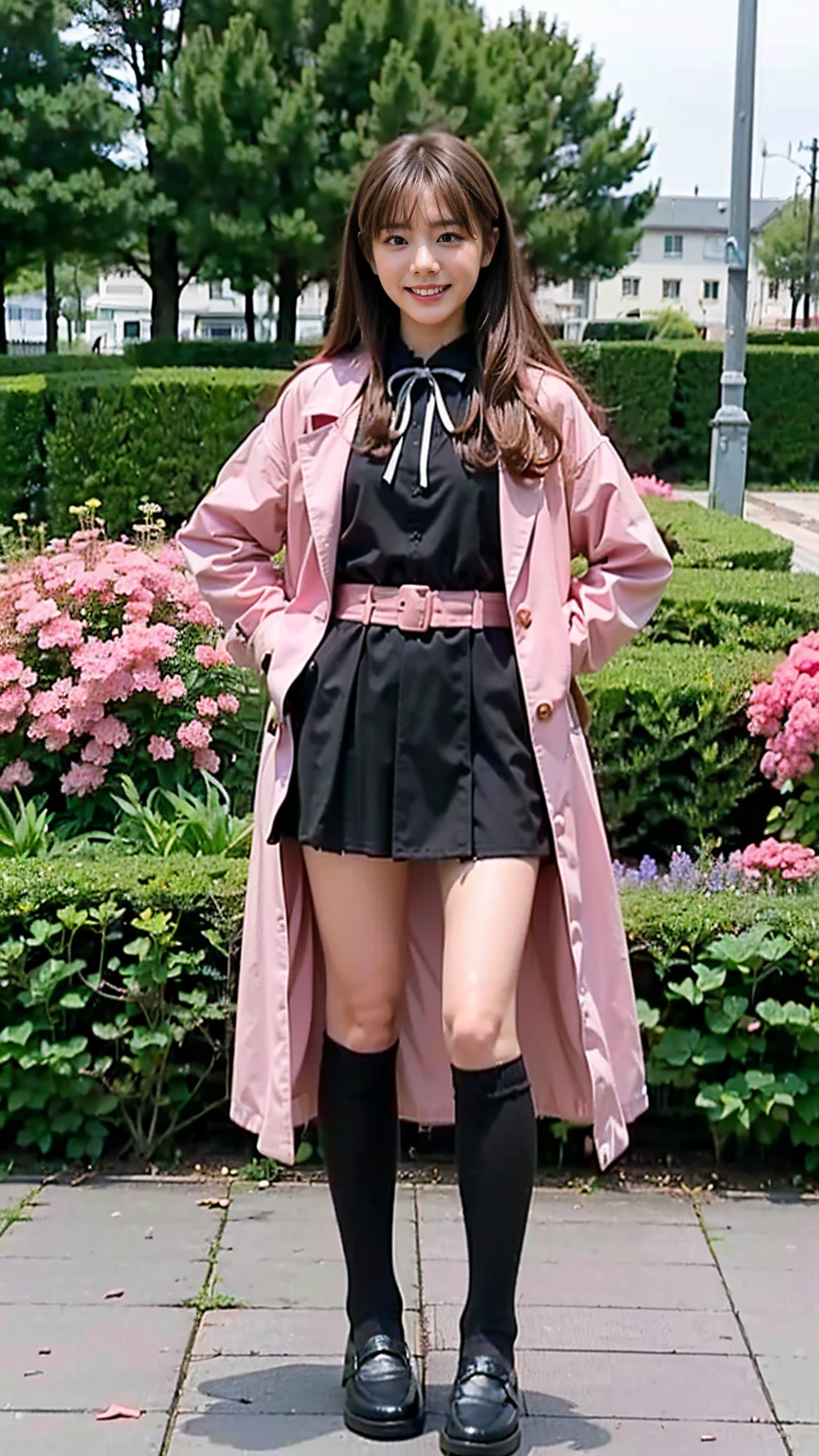(8K、RAW Photos、Highest quality、masterpiece:1.2)、(Realistic、Realistic)、1 Girl、((Pink Coat、smile、Black mini dress、whole body、Knee socks、loafers、garden、chest emphasis、whole body、View from the front、Ribbon on chest、Looking into the camera、Blonde、belt、Stand with hands on hips))、
