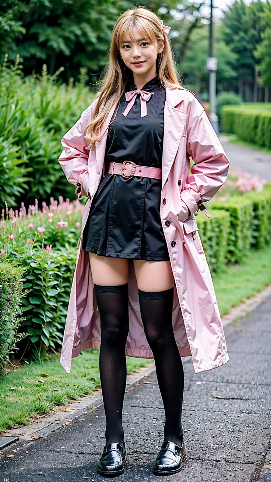 (8K、RAW Photos、Highest quality、masterpiece:1.2)、(Realistic、Realistic)、1 Girl、((Pink Coat、smile、Black mini dress、whole body、Knee socks、loafers、garden、chest emphasis、whole body、View from the front、Ribbon on chest、Looking into the camera、Blonde、belt、Stand with hands on hips))、