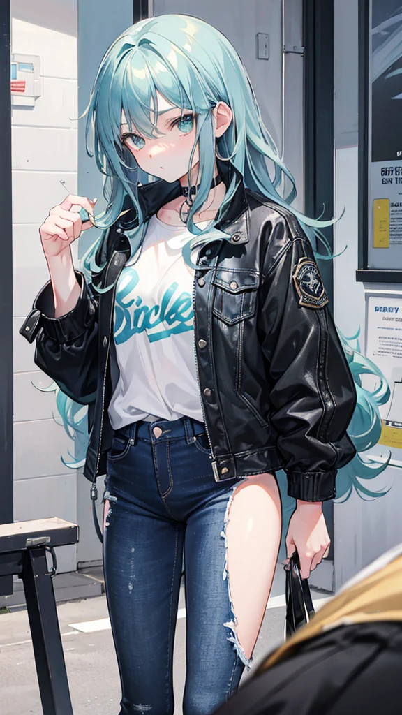 A 15 year old boy with greenish eyes with light blue tones,Her hair was curly and long until it reached her ears and her hair color was dark.,wore a black denim jacket,wore slightly ripped jeans