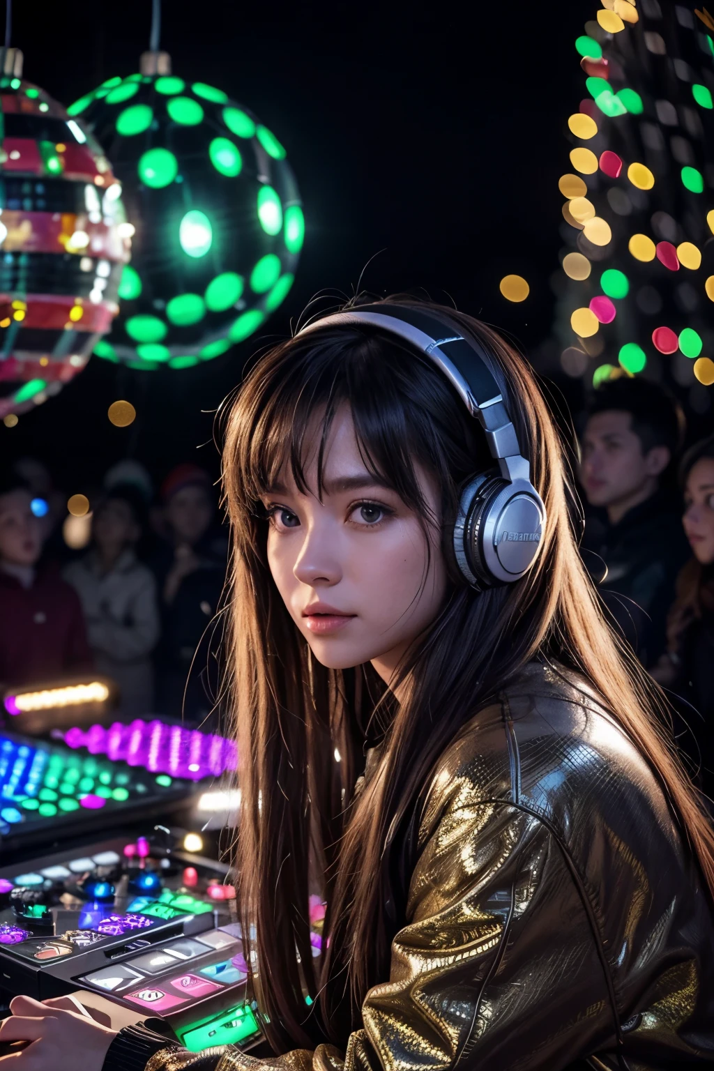 show me a music DJ wearing headphones facing out and looking out to and playing for to a huge crowd with disco balls lights, lasers and a really good time at christmas time with decorations and holiday lights, christmas party vibes