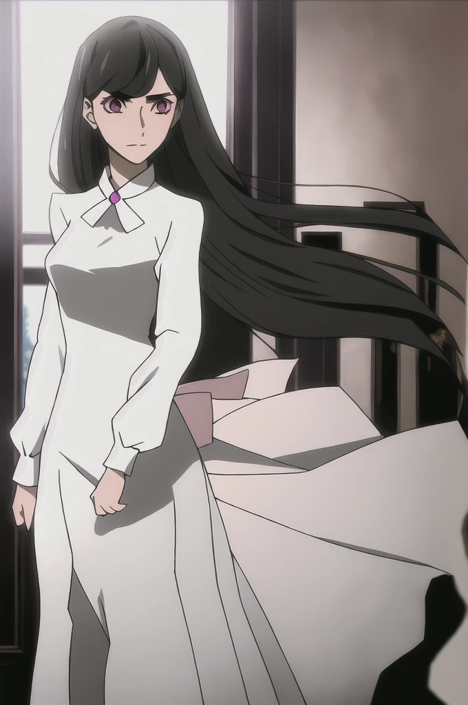 A girl with long straight black hair, fair skin and pink eyes. She wears a formal white dress and uses light pink lipstick on her lips.. She is feminine and beautiful.