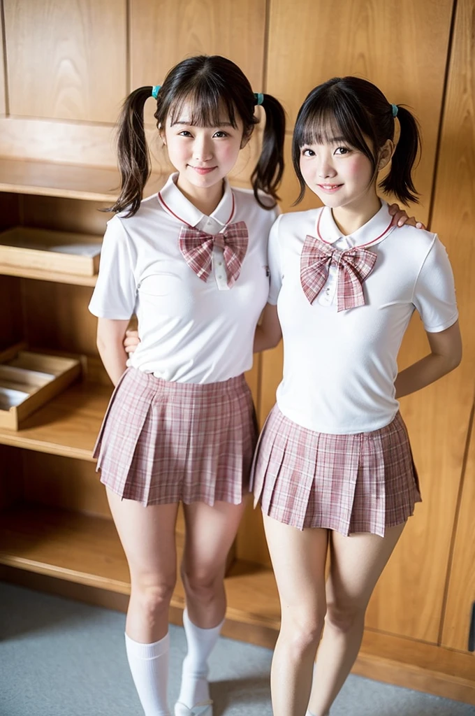 2 girls walking in wooden school classroom,white swimsuit,18-year-old,bangs,a little smile,thighs,knees,short hair with low pigtails bunches with plaid ribbon bow,from below,front light