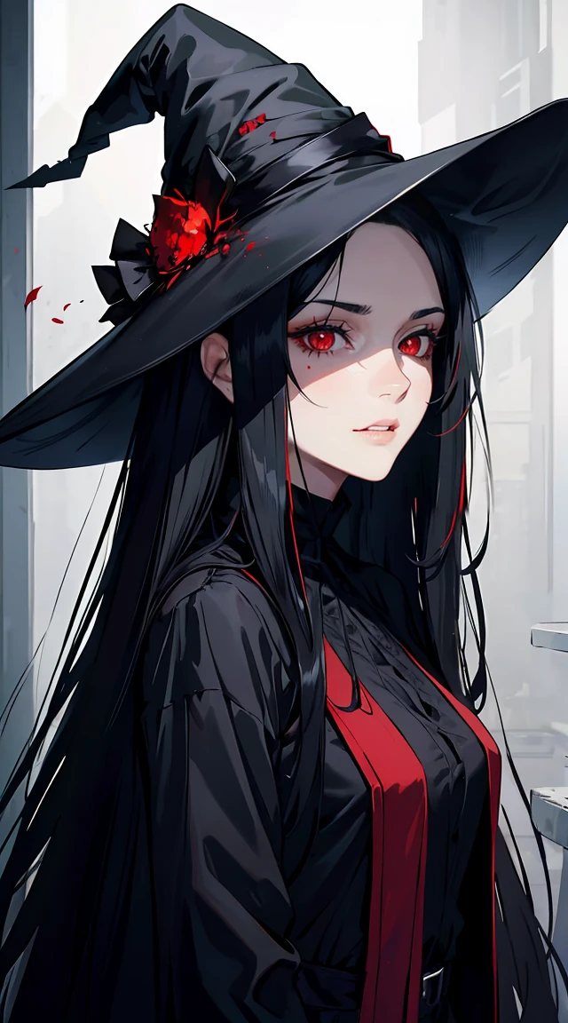 handsome woman，red-eyes，red pupils，Long black hair, grey skin, looks ill, Hyperresolution，accuracy，Detailed rendering，（Subtle facial image）（Image of fine hair）（topquality）（Masterpieces of masters）（High degree of completeness）（A sense of atmosphere）tmasterpiece，Super detailed and super detailed（half-body portrait), witch hat, ankle length black straight hair, 