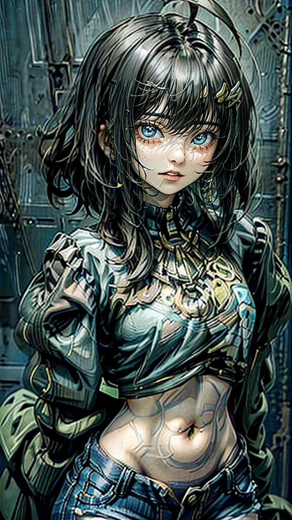 masterpiece, Highest quality, One girl, alone, 23 years old, Adult, Turquoise Hair, Messy Hair, Asymmetrical Hair, Ahoge, Very short hair, Aqua Eye, Medium chest,  Toned Up, 167cm, Pale skin, Glasses, Grin, Olive green shirt, jeans, Abdominal Peek,