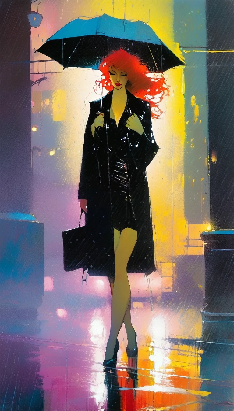 alone, sexy, night, rain (art inspired by Bill Sienkiewicz ). oil painting)
