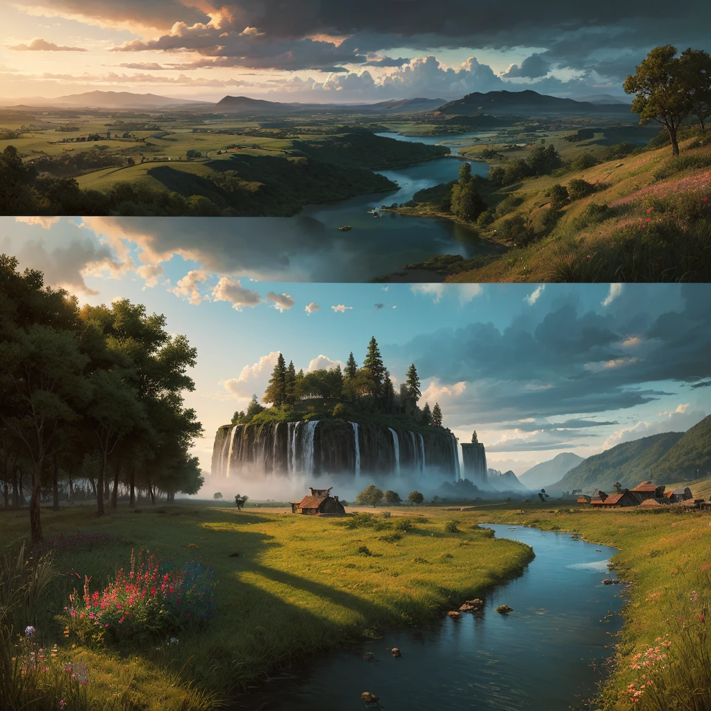Summer Countryside (Painterly Style) (Makoto Shinkai) realistic, highly realistic, detailed, breathtakingly realistic, high contrast realism, saturated realism, vivid colors, dramatic lighting, captivating landscapes, compelling storytelling, atmospheric scenes Seductive visuals, intricate detail, powerful emotion, ethereal beauty, dreamlike worlds