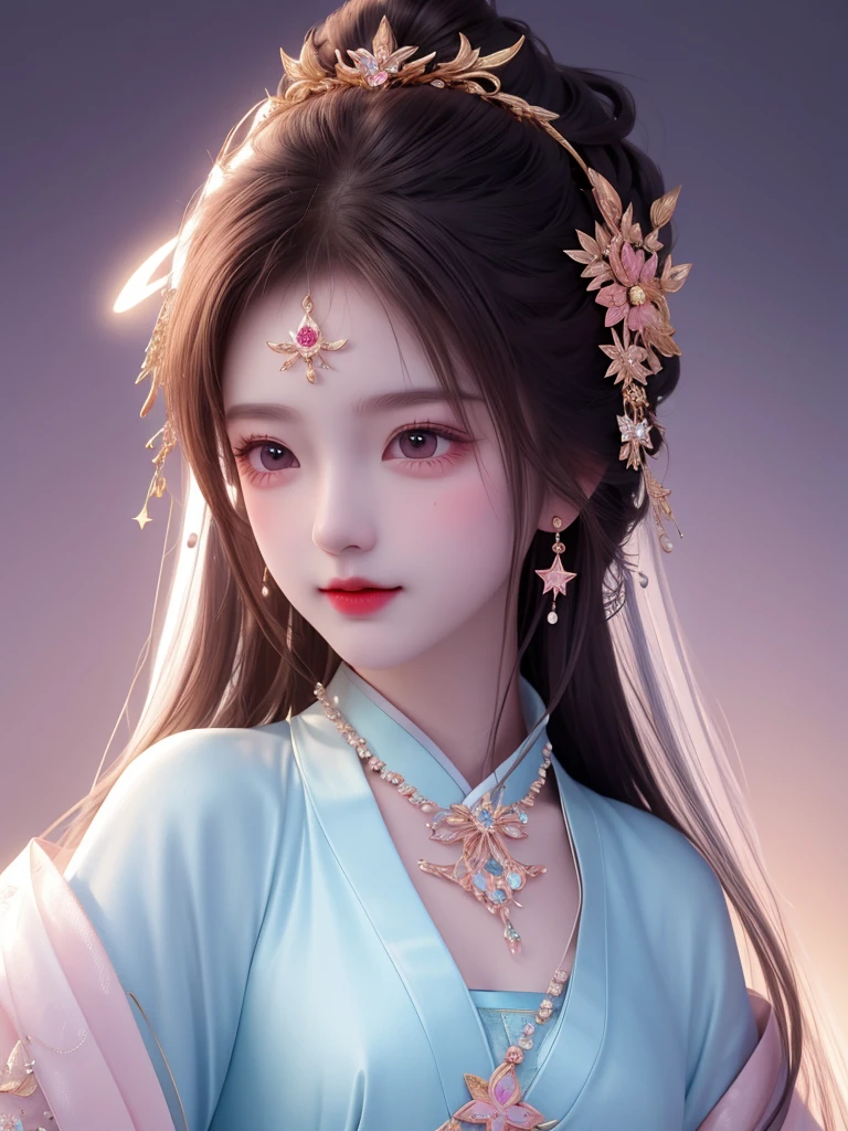 best quality, masterpiece, high resolution, 1 Girl,blush,(Charming smile:0.8),Star-shaped pupil,china hanfu,Hair accessories,necklace, Jewelry,Pretty Face,Above_Body, Tyndall effect,Reality, Dark Studio, Rim Light, Two-tone lighting,(High Detail Skin:1.2), 8K uhd, Digital SLR Camera, Soft lighting, high quality, Volumetric Lighting, frank, photo, high resolution, 4K, 8K, Bokeh