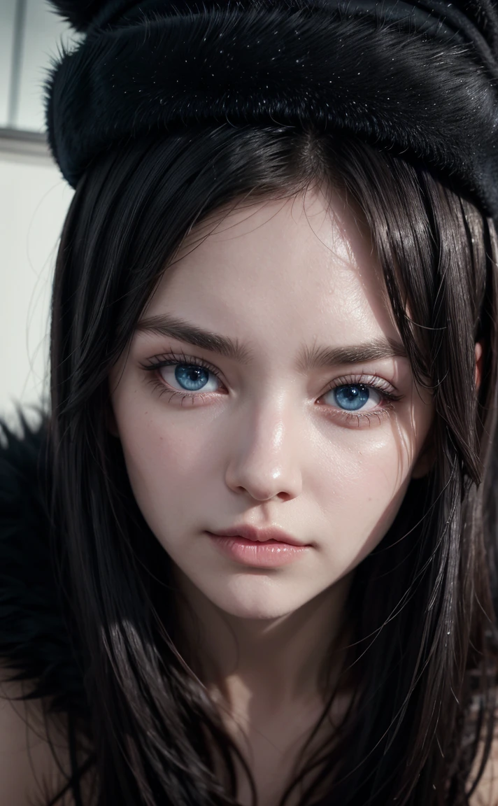 Women. 29 years. long black fur. blue eyes. long eyelashes. Positive canthal inclination. He is about to take a bath.