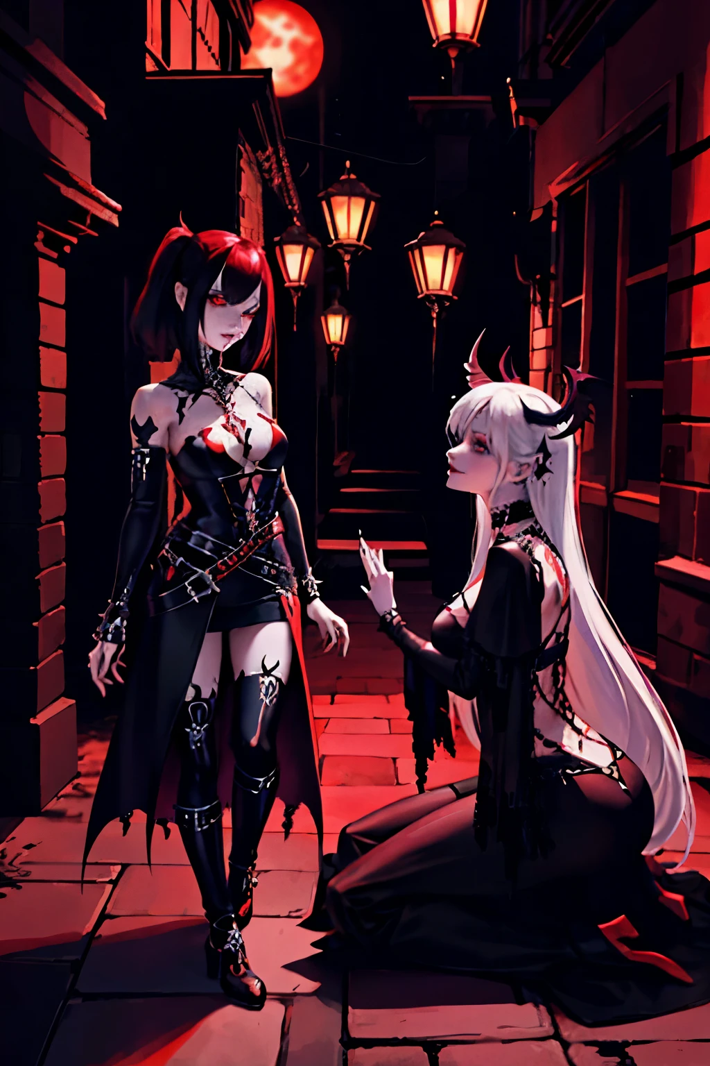 there are two women dressed in costumes walking in a courtyard, gothic and futuristic, second life avatar, secondlife, nixeu and sakimichan, beautiful gemini good and evil, crimson themed, devil versus angel, good and evil, inspired by Louis Grell, gothic harts, dressed in crustpunk clothing, spellcasting pose, 2 angels