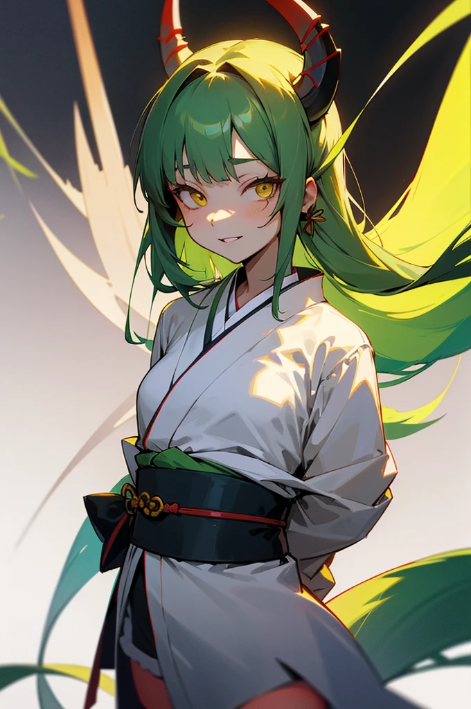 1girl, solo, ((aakiyo)), long hair, green hair, white horns, hair ornament, yellow eyes, wearing a kimono, blue_kimono, pelvic_curtain, white thighhighs, smile, evil_smile, smirk, disgusted, constricted_pupils, yandere, parted lips, mysterious, shaded face, looking at viewer, upper body, standing, (arms behind back), simple background, black background, masterpiece, best quality
