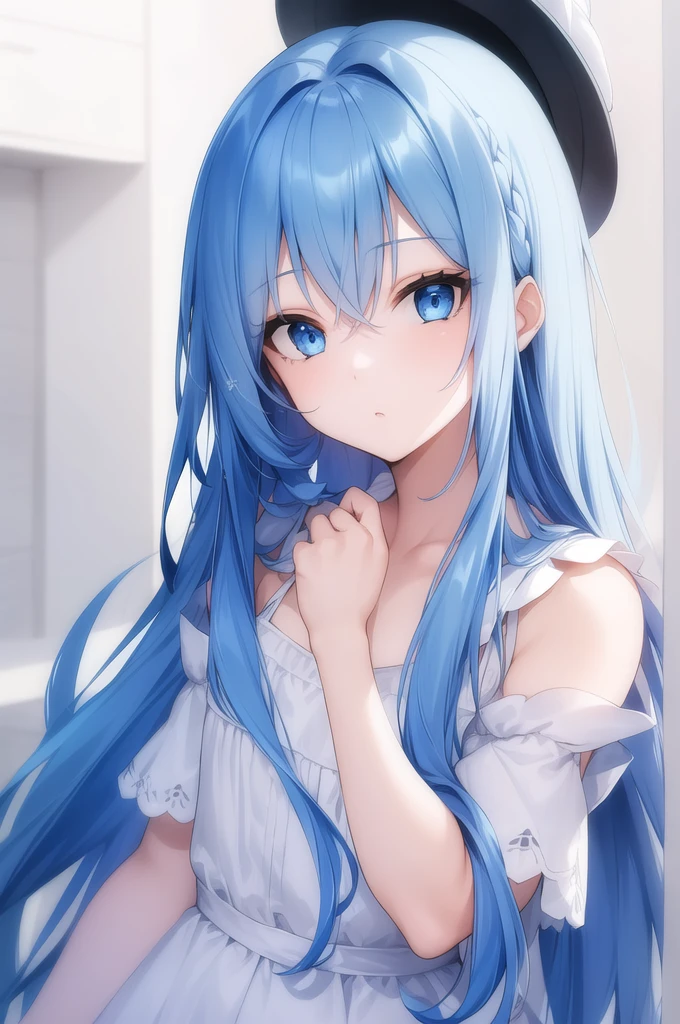 girl, long blue hair, blue eyes, white dress, kind face