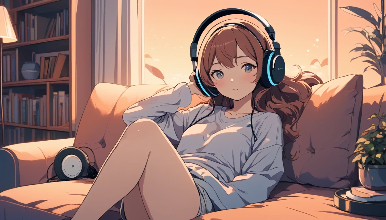 Sexy woman wearing headphones sitting comfortably on sofa, Wide-angle lens, Lofi Anime, Lofi illustration, Aesthetic atmosphere, Lo-Fi Style, Vector art, Flat Design, Simple shape, Warm tones, Pleasant atmosphere, Chill, In anime style, Digital drawing, Vector art, Vector logo for t-shirt printing, (Adorable:1.5), (small:1.4), (Playful:1.2), (soft:1.3), (Whimsical:1.1), masterpiece, Highest quality, 8K, Intricate details, grow, Celestial, Mysterious, Picturesque, amazing, Majestic, Magic, Fantasy art, Cover art, dream-like