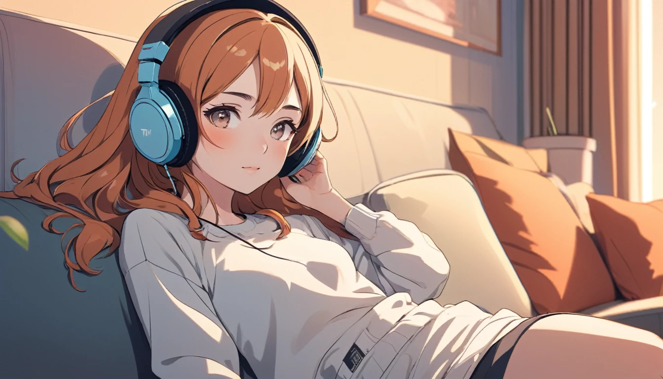 Sexy woman wearing headphones sitting comfortably on sofa, Wide-angle lens, Lofi Anime, Lofi illustration, Aesthetic atmosphere, Lo-Fi Style, Vector art, Flat Design, Simple shape, Warm tones, Pleasant atmosphere, Chill, In anime style, Digital drawing, Vector art, Vector logo for t-shirt printing, (Adorable:1.5), (small:1.4), (Playful:1.2), (soft:1.3), (Whimsical:1.1), masterpiece, Highest quality, 8K, Intricate details, grow, Celestial, Mysterious, Picturesque, amazing, Majestic, Magic, Fantasy art, Cover art, dream-like