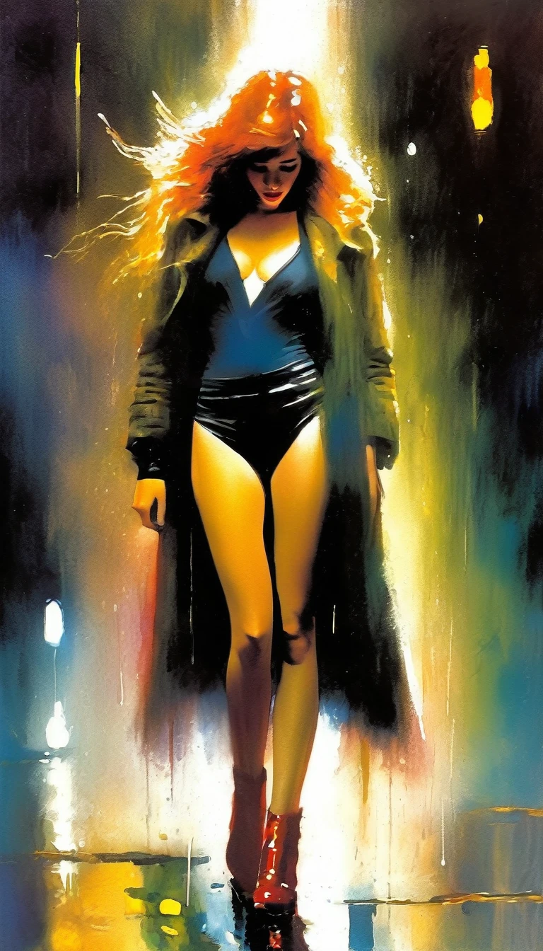 alone, sexy, night, rain (art inspired by Bill Sienkiewicz ). oil painting)
