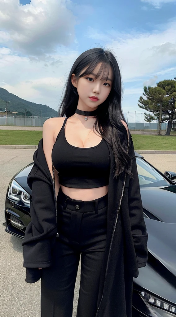 Japanese girl wearing a black robe jacket, wearing black trousers, wearing a crop top, wearing a black choker necklace, has a sexy slim stomach, taking a photo in front of a sports car,
