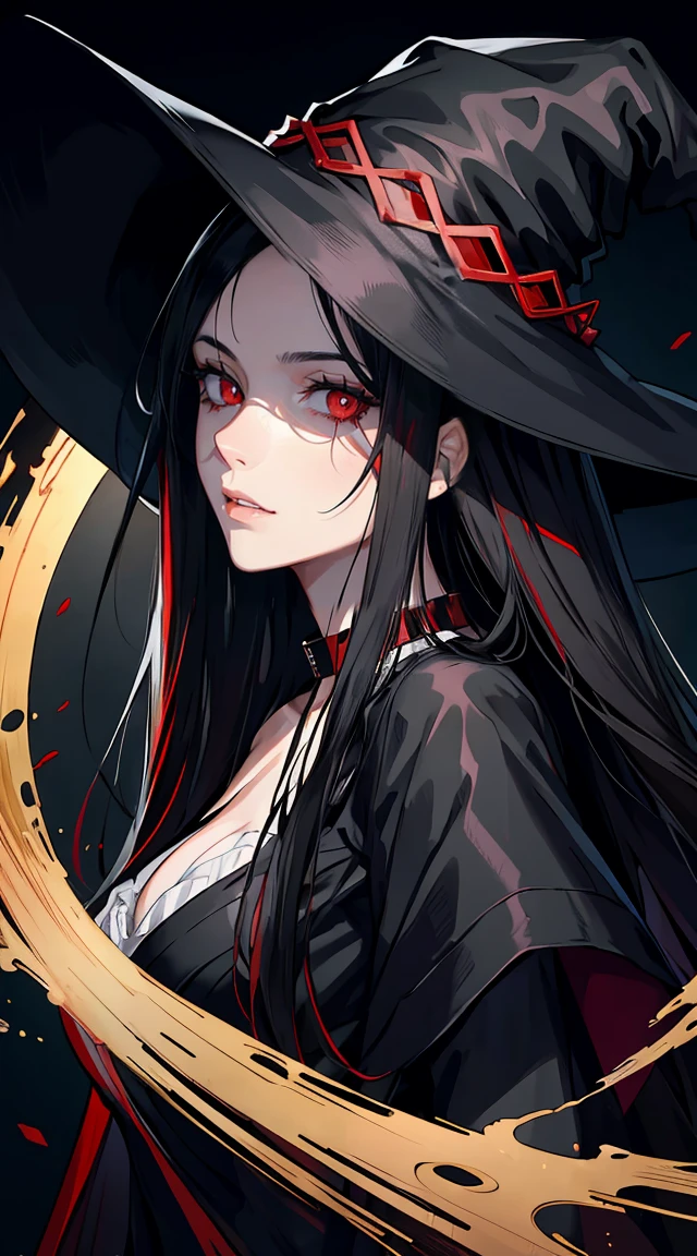 handsome woman，red-eyes，red pupils，Long black hair, grey skin, looks ill, Hyperresolution，accuracy，Detailed rendering，（Subtle facial image）（Image of fine hair）（topquality）（Masterpieces of masters）（High degree of completeness）（A sense of atmosphere）tmasterpiece，Super detailed and super detailed（half-body portrait), large witch hat, ankle length black straight hair, 