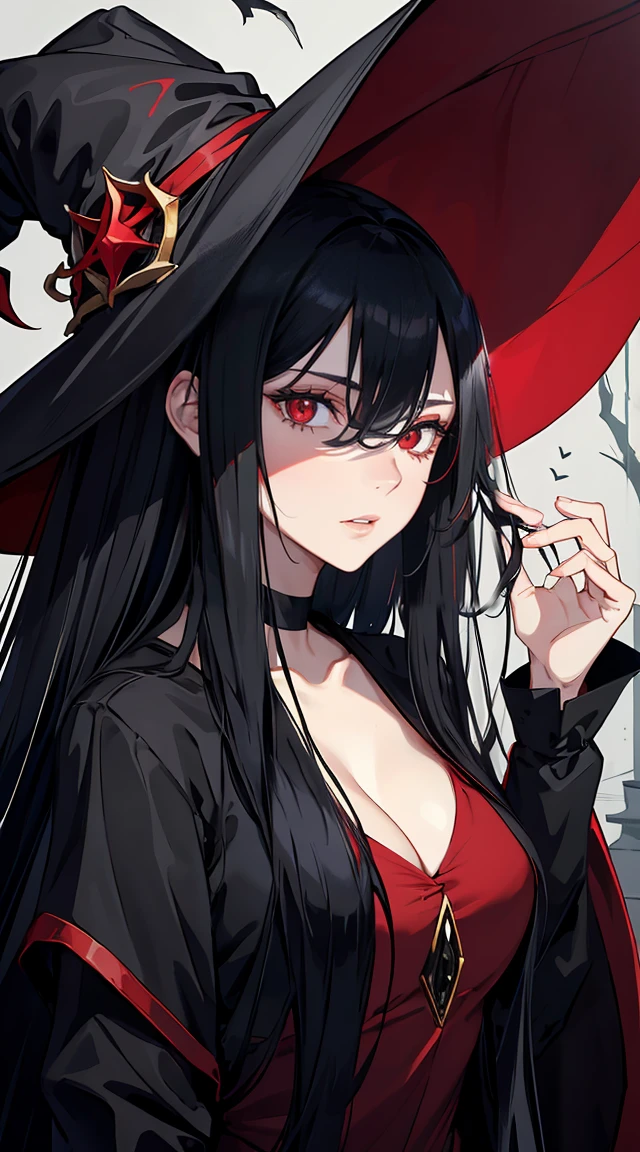 handsome woman，red-eyes，red pupils，Long black hair, grey skin, looks ill, Hyperresolution，accuracy，Detailed rendering，（Subtle facial image）（Image of fine hair）（topquality）（Masterpieces of masters）（High degree of completeness）（A sense of atmosphere）tmasterpiece，Super detailed and super detailed（half-body portrait), large witch hat, ankle length black straight hair, 