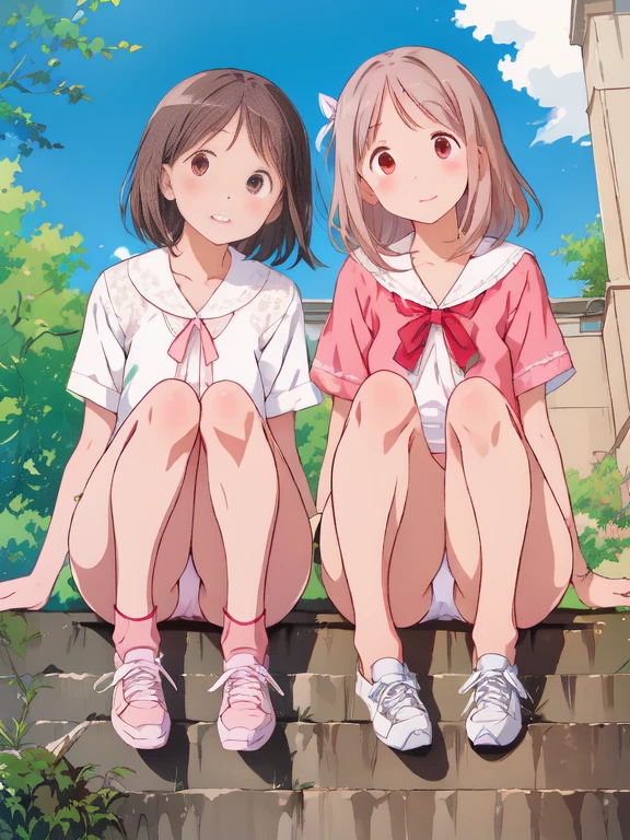 Highest quality, Ultra-high resolution, (Realistic: )2D official style cel animation,((Two strawberry marshmallow girls sitting side by side))mini skirt,Summer Shirts,(Pink Panties、White panties、Lace panties),loose socks,sneakers,Full body portrait,(From below),Station stairs,sunny,Quite embarrassing,blush,Leg spread