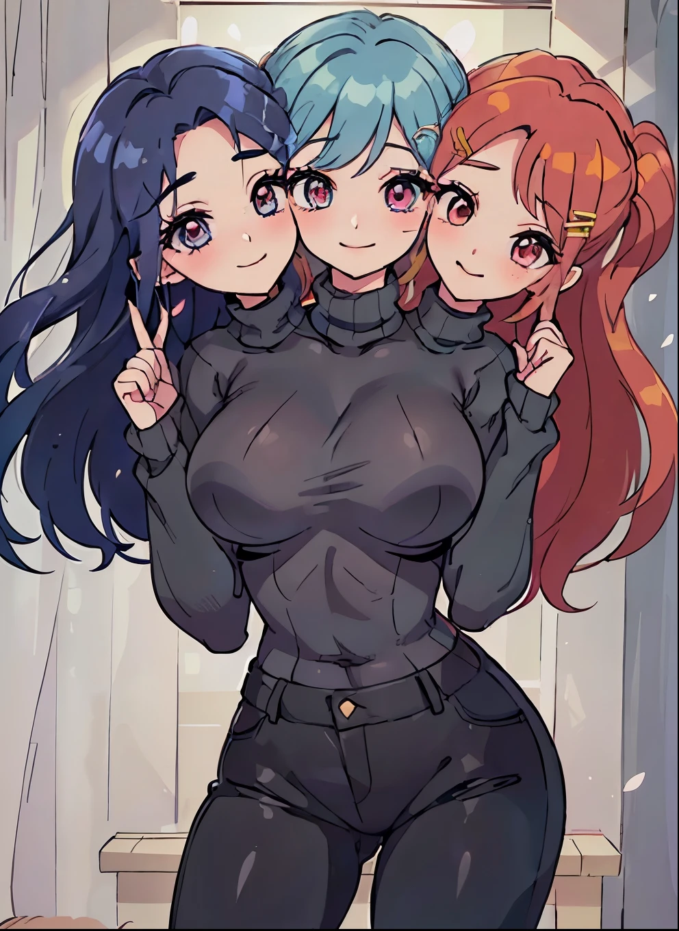 (masterpiece, best quality), best resolution, (3heads:1.5), 1girl,(vivid sky blue hair), (red orange hair), (violet purple hair), same eye color as the hair, smiling, giggling, friendly, inviting, ((very shy expression)), mature look, (dark gray turtleneck sweater), black long pants, ((bright vibrant colors)), long hair, (hair clip), ((sharp looking eyes))