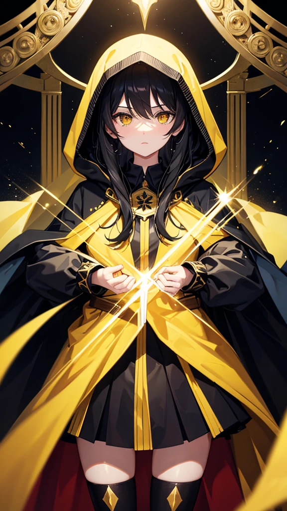Create a girl offering her hand to the screen, that she is black-haired with yellow eyes and a black cape with a hood for the cover of a book