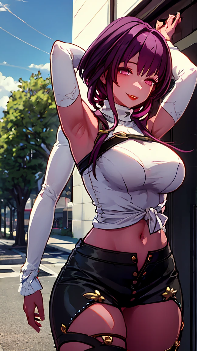 Masterpiece, ultra detailed, 8k, outdoors, ((luminernd)), white turtleneck, (black short skirt), large breast, red lip, smile, ((bare arms)), armpits, see trough clothes, spread leg, no panties, navel, midrif