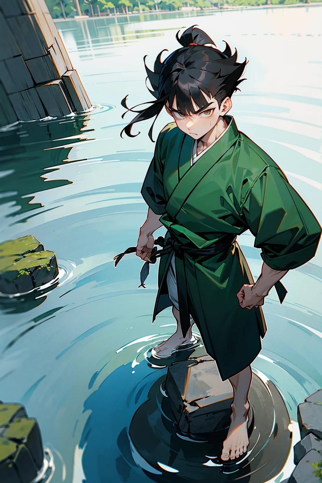 1male , Black Hair , Gon Hair , Grey Haori , Combat Clothing , White Eyes ,Serious Expression , Muscular , Perfect Generation , Adult Male ,CoinPond , Standing on Stones in the water
