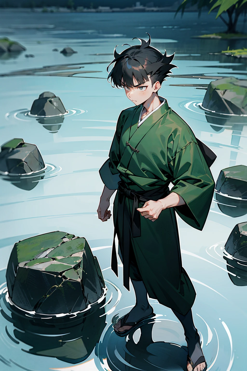 1male , Black Hair , Gon Hair , Grey Haori  , Combat Clothing , White Eyes ,Serious Expression , Muscular , Perfect Generation  , Adult Male ,CoinPond , Standing on Stones in the water