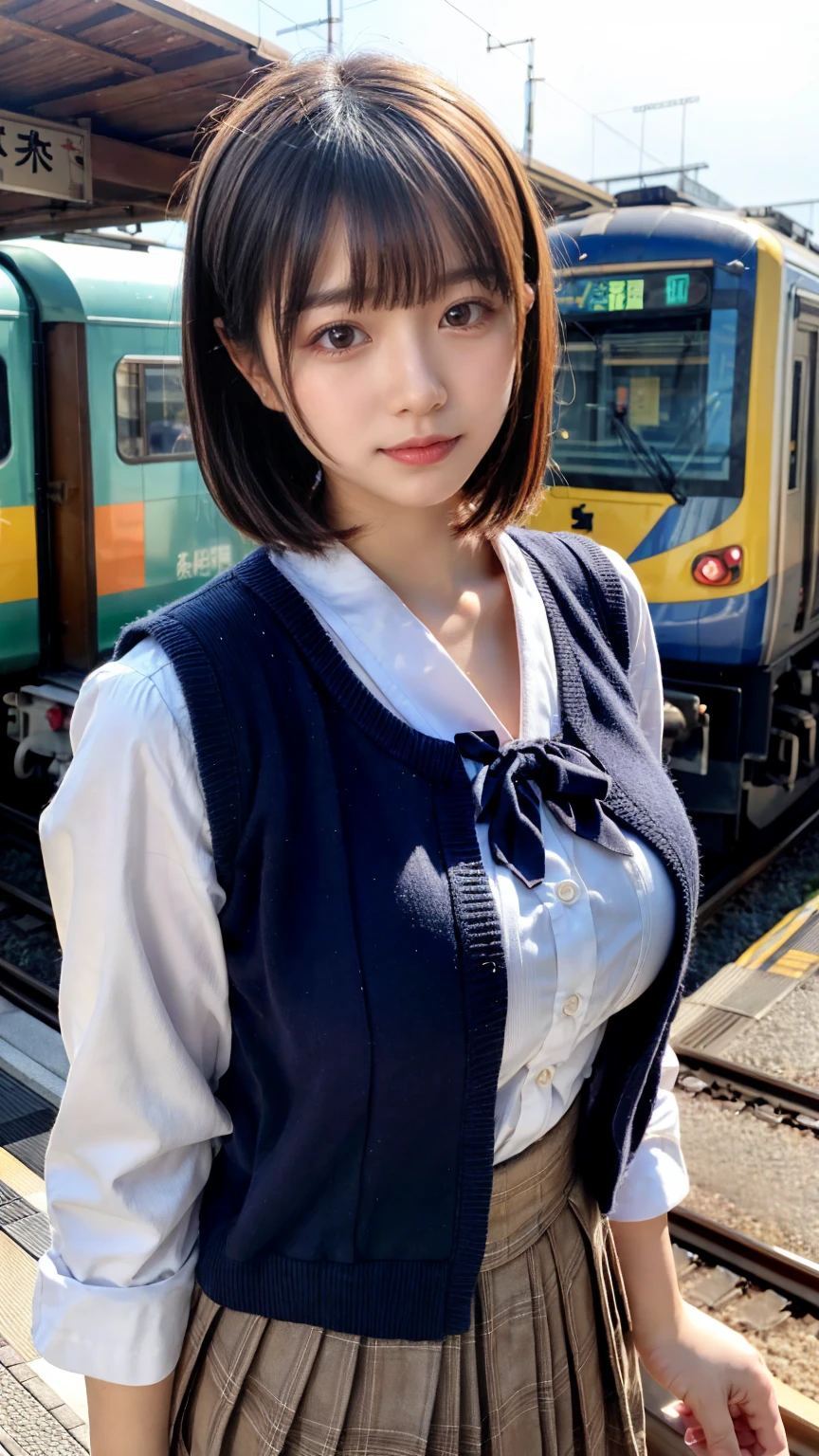 (masterpiece:1.2, highest quality), bokeh, 1 high school girl,
(Japanese idle:1.6), Plump breast, large breasts, Blushed face, short bob hair, Looking at the viewer, standing at the train railway, high school uniform:1.6), sundown, Close up, expresses the roundness and softness of your chest
