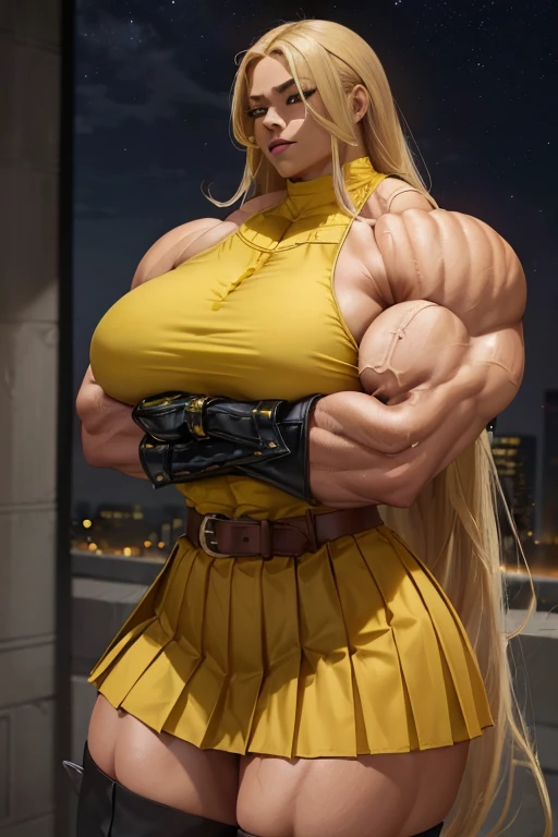 ((((Massive tall, beautiful, buff, light brown skinned muscular woman with yellow hair, black lipstick, ginormous bulky muscles, crossed arms and wearing a yellow long sleeve pleated shirt with beautiful long pleated skirt)))), (close view), (massive muscles), long flowing hair, ((chained belt)), gray eyes, choker, ((yellow long sleeve pleated shirt and tie)), neck tie, ((beautiful long pleated skirt)), belt, thigh high socks, black boots, (at a nightly Campus), closed smile, night, massive muscles