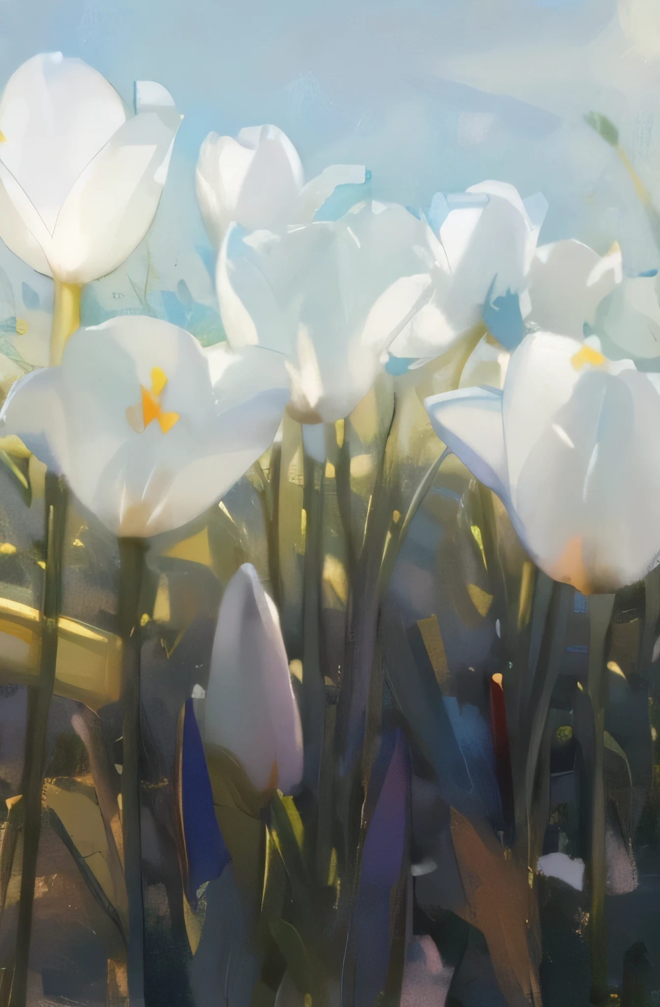 there are many white flowers that are growing in the grass, white flowers, detailed white, white, tulips, pleasant environment, soft white glow, Serenity and elegance, shadow, view from below, Graceful and luxurious, its beauty is astonishing, tulip, Graceful and luxurious, flower with long petals, flowers bloom, oil painting style,brush strokes,Impressionism,Sunlight,pastel tones