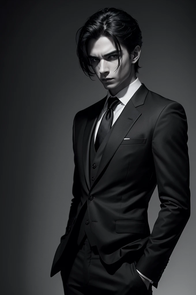 A male figure dressed in a black suit with a striking look on a black and white background