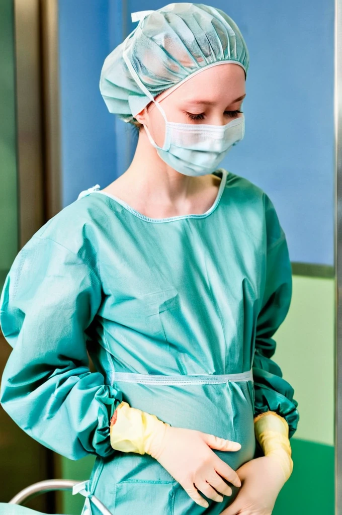 score_9,  score_8_up, score_7_up, masterpiece, highest quality, pale skin, shy eyes, cover the ears, big breasts, surgical mask, surgical cap, long sleeve surgical gown,
1 girl, pregnant, solo, see the whole body, rubber gloves, frown,  standing, in one hospital, in the operating room,