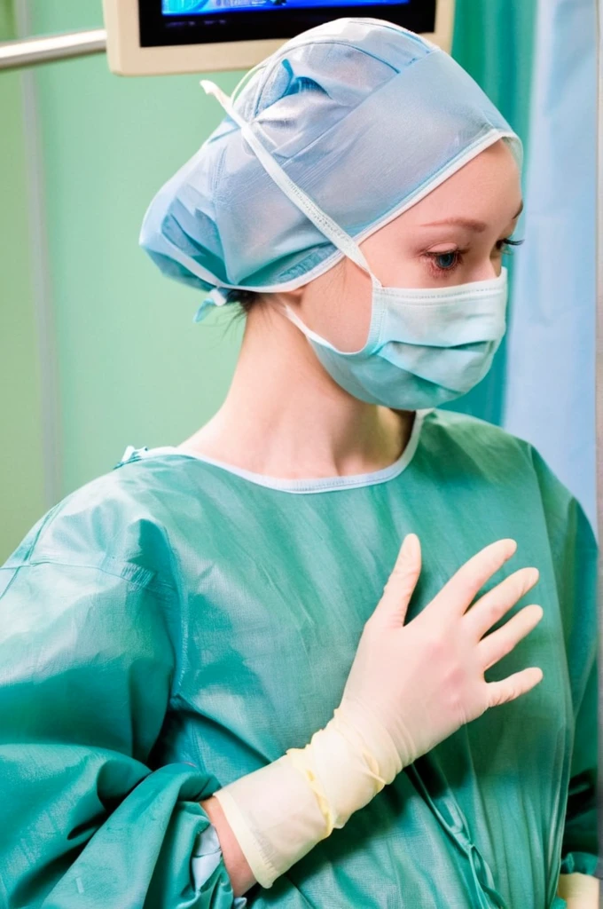 score_9, score_8_up, score_7_up, masterpiece, highest quality, pale skin, shy eyes, cover the ears, big breasts, surgical mask, surgical cap, long sleeve surgical gown,
1 girl, pregnant, solo, see the whole body, rubber gloves, frown, standing, in one hospital, in the operating room,
