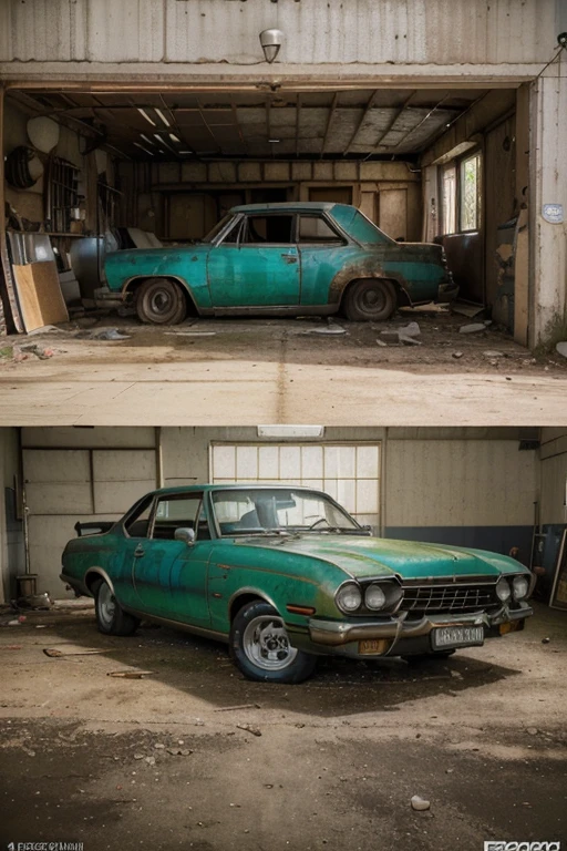 (best quality,4k,8k,highres,masterpiece:1.2),ultra-detailed,(realistic,photorealistic , Create a garage with an old car that has been abandoned for over thirty years, the vehicle is in excellent condition, and is a model used in the films. excellent quality image, epic reality, vibrant colors.