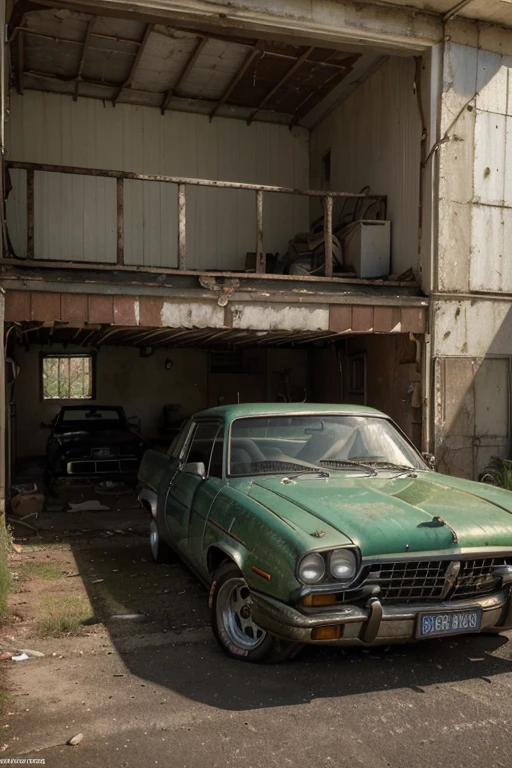 (best quality,4k,8k,highres,masterpiece:1.2),ultra-detailed,(realistic,photorealistic , Create a garage with an old car that has been abandoned for over thirty years, the vehicle is in excellent condition, and is a model used in the films. excellent quality image, epic reality, vibrant colors.