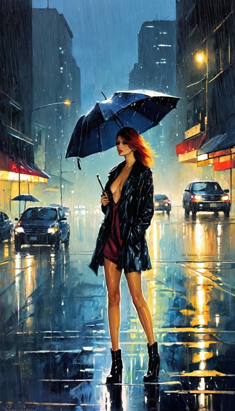 alone, sexy, night, rain (art inspired by Bill Sienkiewicz ). oil painting)