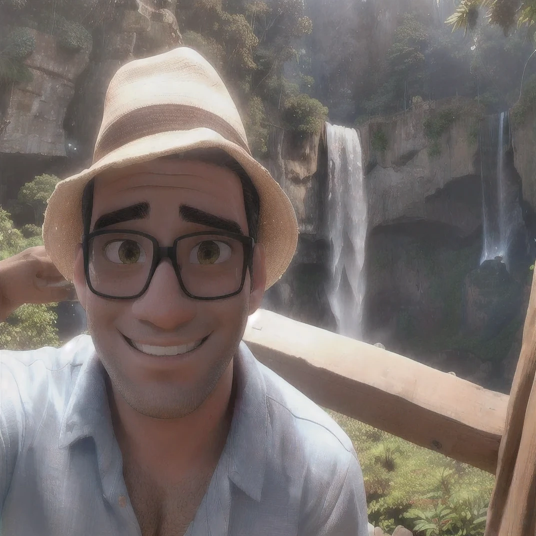 arafed man wearing a hat and glasses standing in front of a waterfall, coban, david rios ferreira, in a cave with the waterfall, waterfalls in the background, next to a waterfall, standing in front of a waterfall, waterfall in the background, icaro carvalho, with a waterfalls, standing near a waterfall, gui guimaraes, with waterfalls